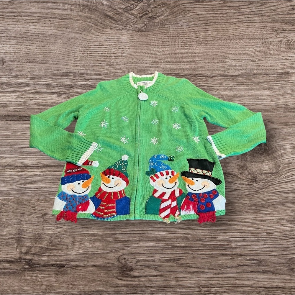 Tiara International Christmas Sweater Zip Front Cardigan Beaded Snowman Medium